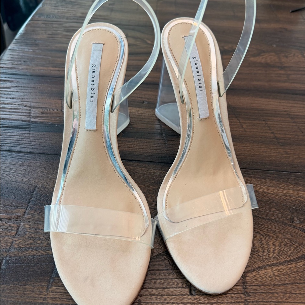 Gianni Bini Clear Strap Nude Block Heel Sandals